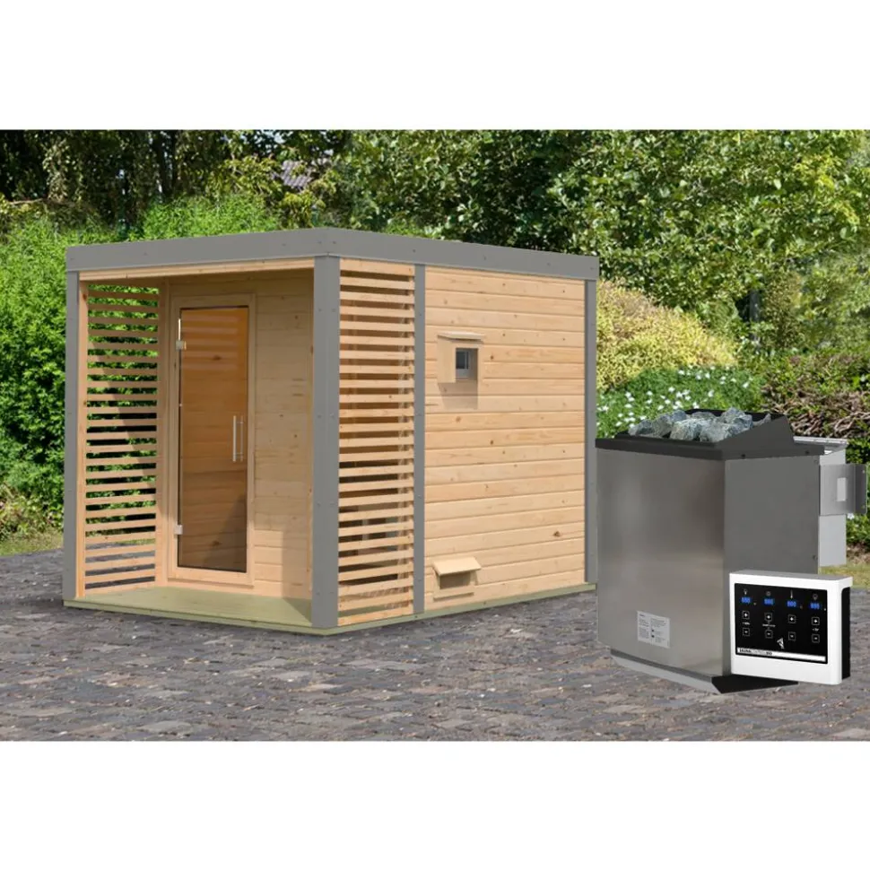 Saunahaus 'Aressa 2' naturbelassen / graualuminium Ofen 9 kW Bio externe Steuerung 231 x 231,5 x 276 cm