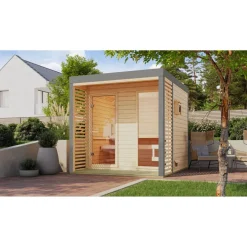 Saunahaus 'Aressa 2' naturbelassen / graualuminium Ofen 9 kW externe Steuerung 231 x 231,5 x 276 cm