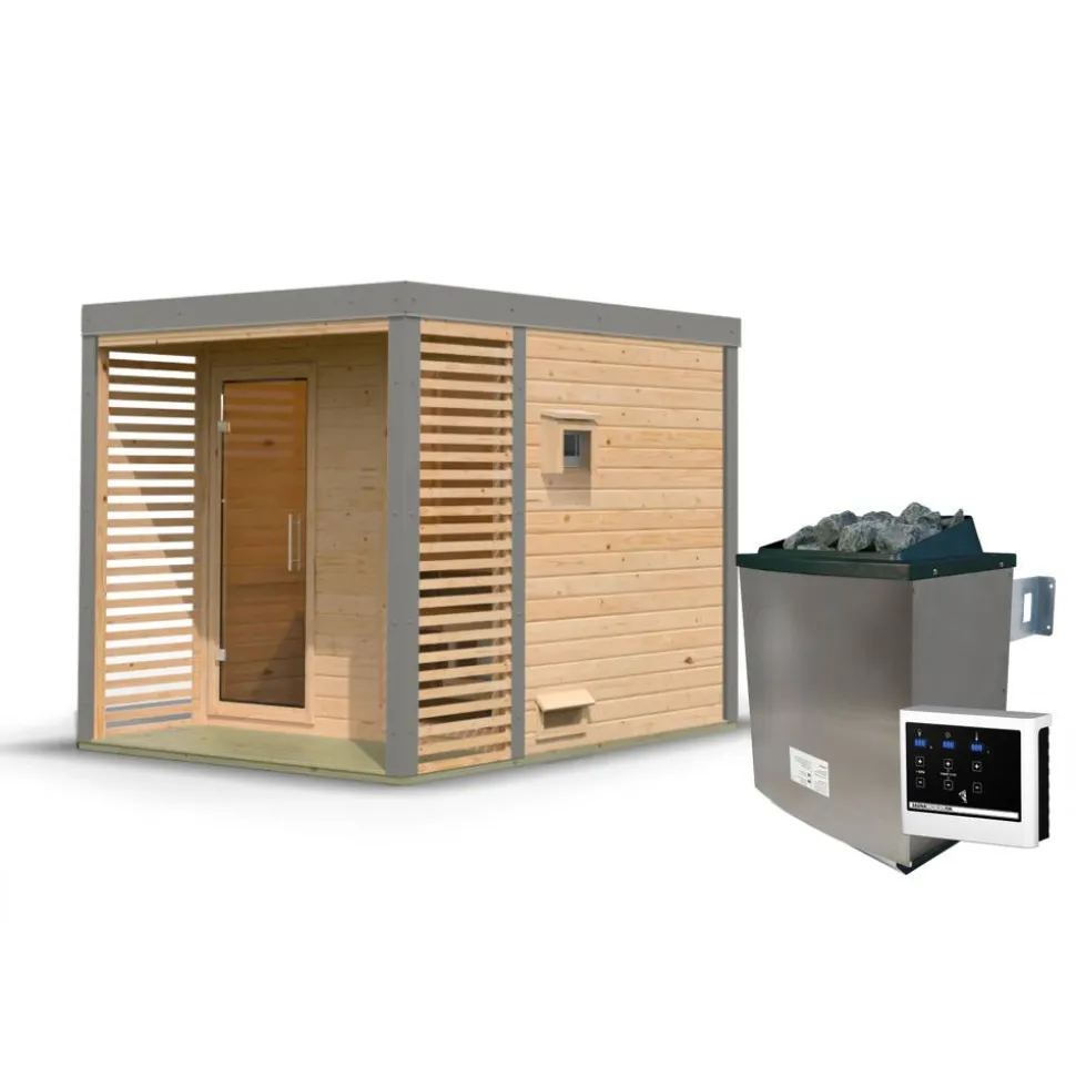 Saunahaus 'Aressa 2' naturbelassen / graualuminium Ofen 9 kW externe Steuerung 231 x 231,5 x 276 cm