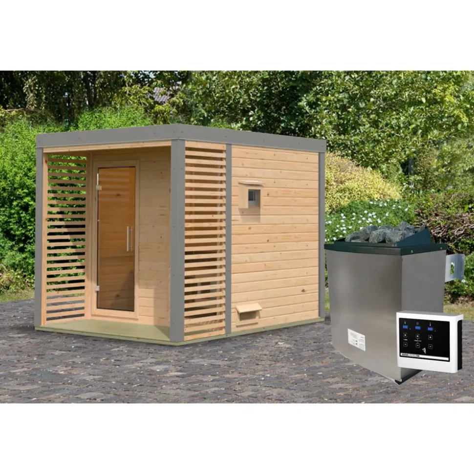Saunahaus 'Aressa 2' naturbelassen / graualuminium Ofen 9 kW externe Steuerung 231 x 231,5 x 276 cm