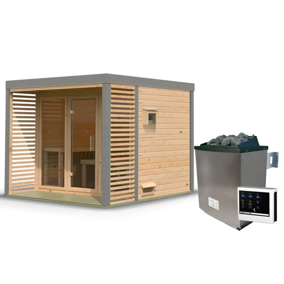 Saunahaus 'Aressa 3' naturbelassen / graualuminium Ofen 9 kW externe Steuerung 276 x 231,5 x 276 cm