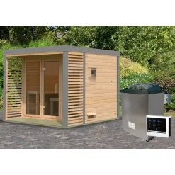 Saunahaus 'Aressa 3' naturbelassen / graualuminium Ofen 9 kW externe Steuerung 276 x 231,5 x 276 cm