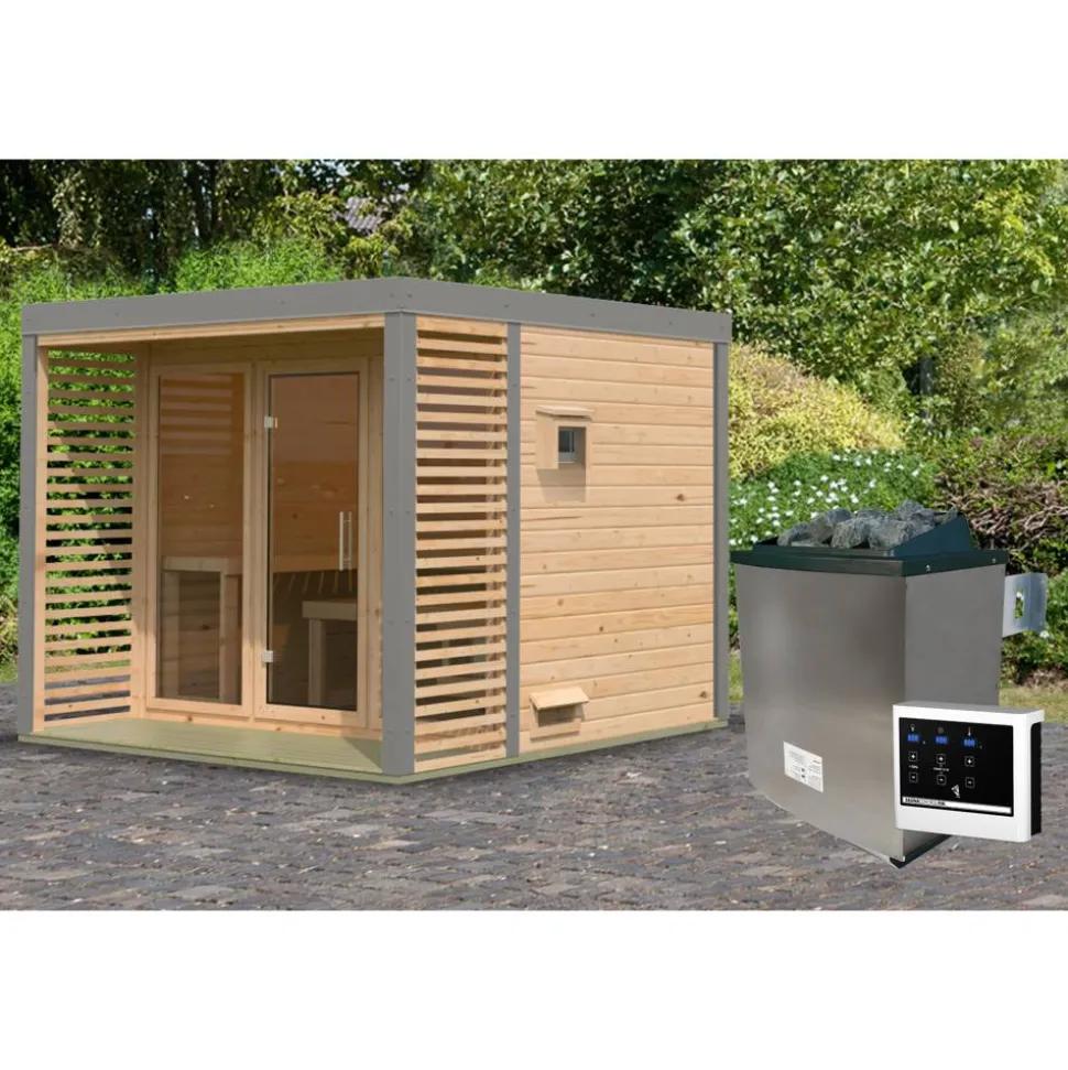 Saunahaus 'Aressa 3' naturbelassen / graualuminium Ofen 9 kW externe Steuerung 276 x 231,5 x 276 cm