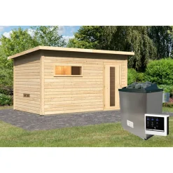 Saunahaus 'Bosco 6' naturbelassen 9 kW Ofen externe Steuerung 396 x 231 x 217 cm