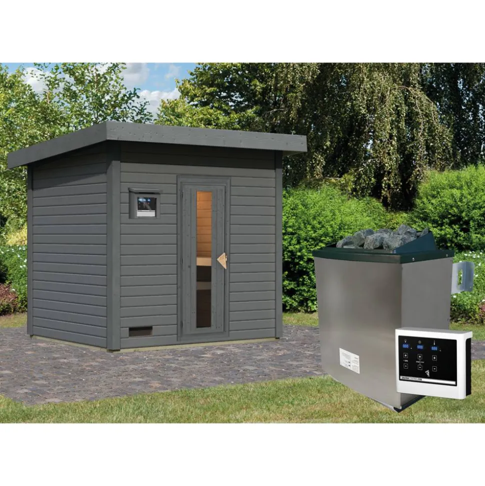 Saunahaus 'Bosco 3' terragrau 9 kW Ofen externe Steuerung 231 x 196 x 228 cm