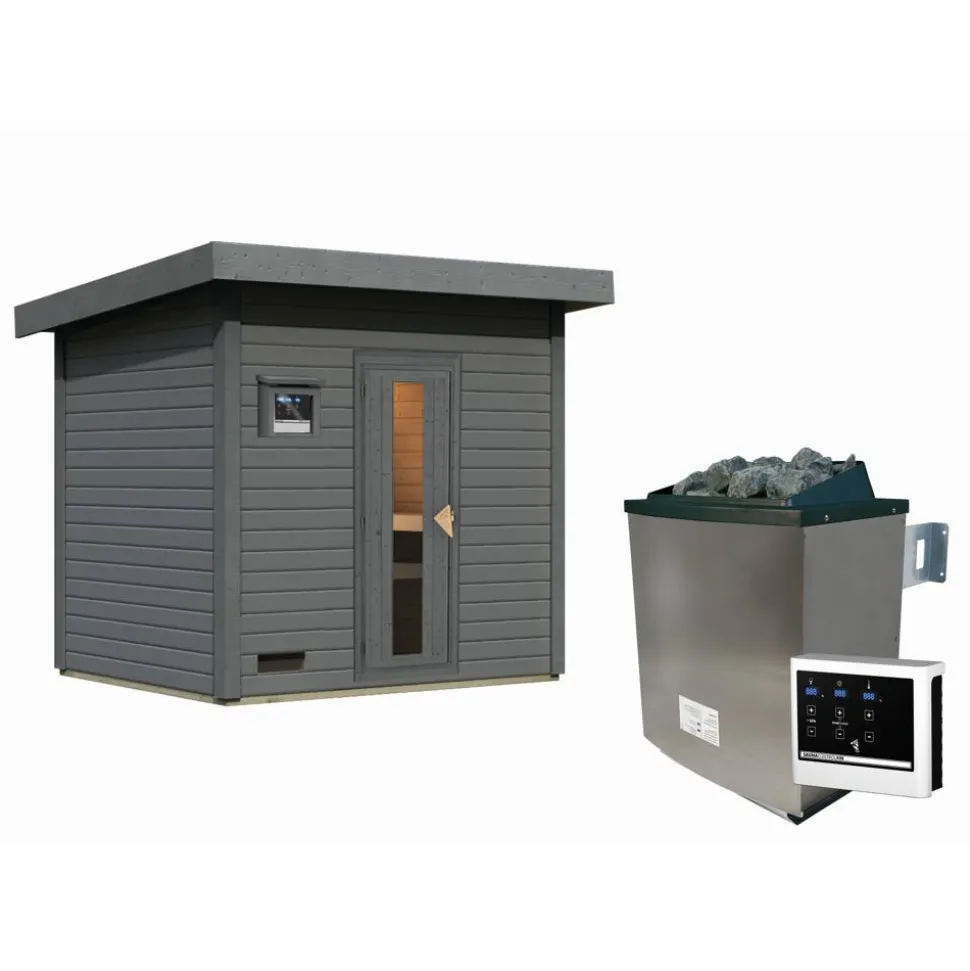 Saunahaus 'Bosco 3' terragrau 9 kW Ofen externe Steuerung 231 x 196 x 228 cm