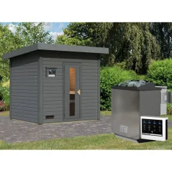 Saunahaus 'Bosco 3' terragrau Ofen 9 kW Bio-Ofen externe Steuerung 231 x 196 x 228 cm
