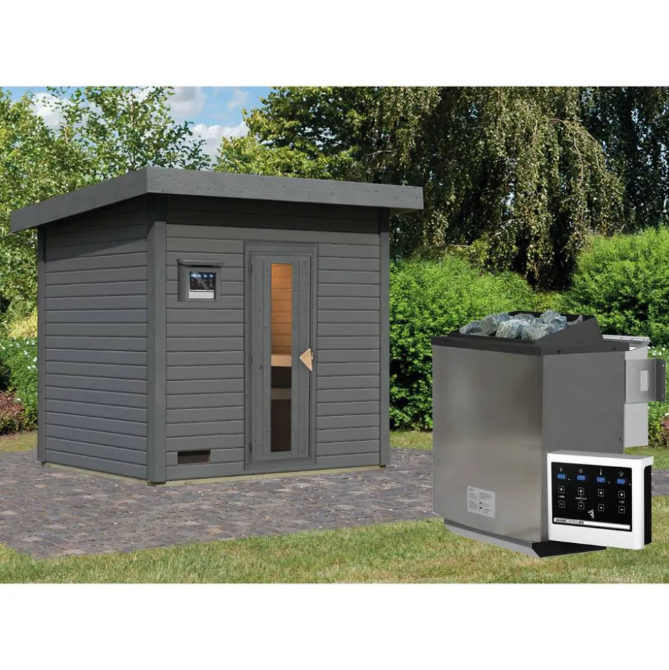Saunahaus 'Bosco 3' terragrau Ofen 9 kW Bio-Ofen externe Steuerung 231 x 196 x 228 cm