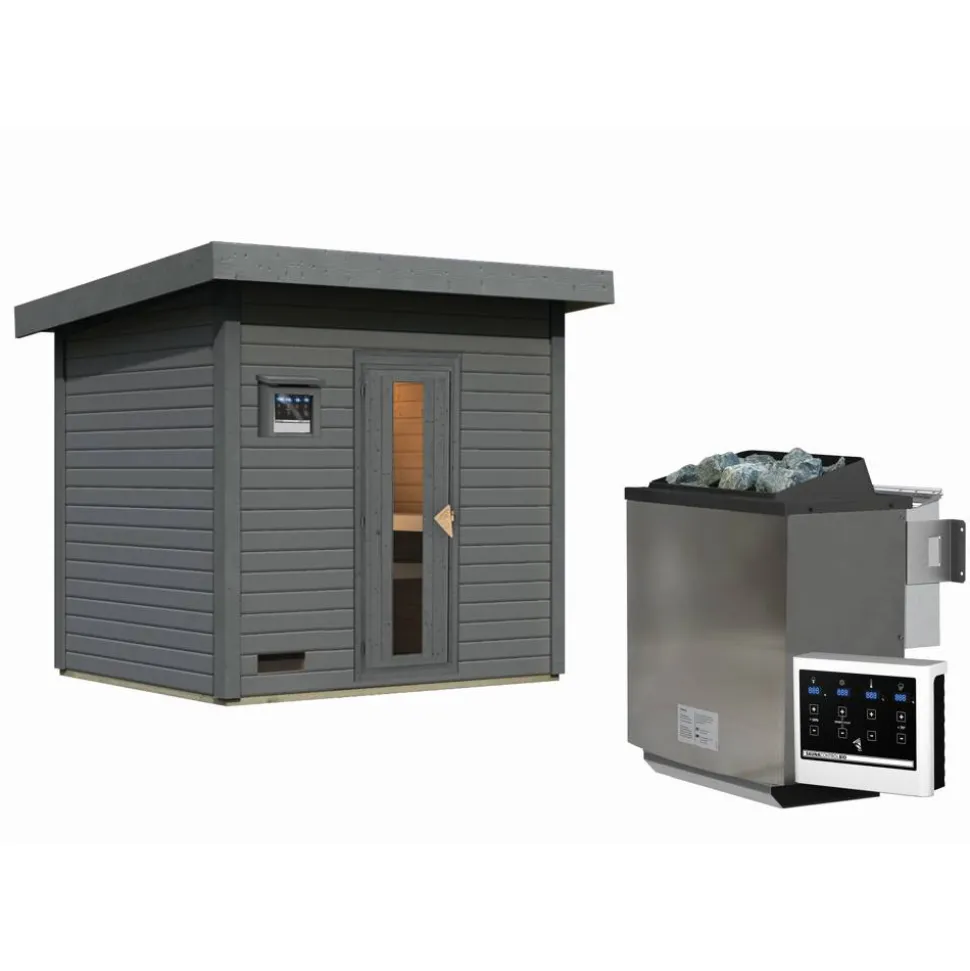 Saunahaus 'Bosco 3' terragrau Ofen 9 kW Bio-Ofen externe Steuerung 231 x 196 x 228 cm