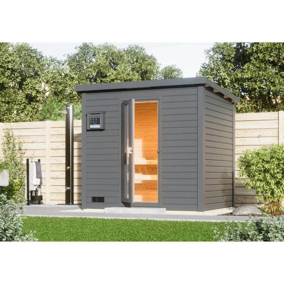 Saunahaus 'Bosco 3' terragrau Ofen 9 kW Bio-Ofen externe Steuerung 231 x 196 x 228 cm