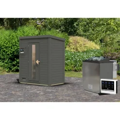 Saunahaus 'Bosco 0' terragrau 9 kW Bio-Ofen externe Steuerung 196 x 113 x 228 cm