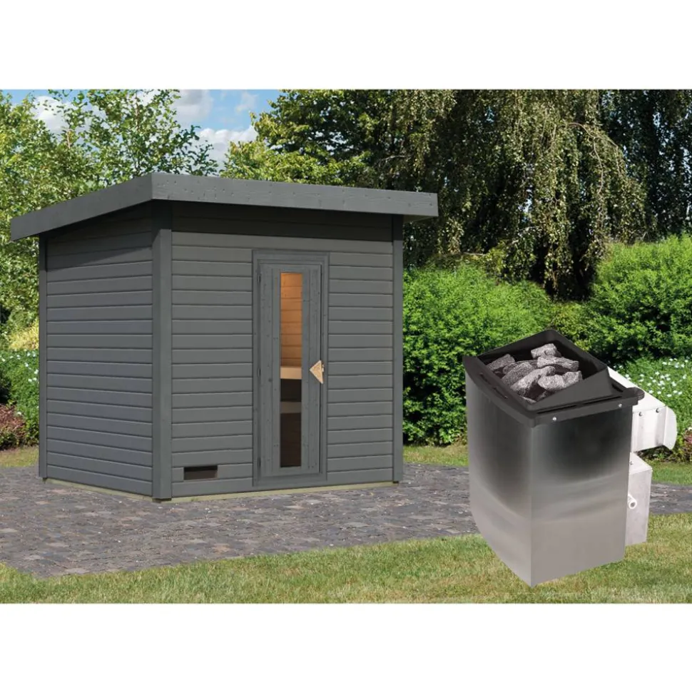 Saunahaus 'Bosco 3' terragrau 9 kW Ofen integrierte Steuerung 231 x 196 x 228 cm
