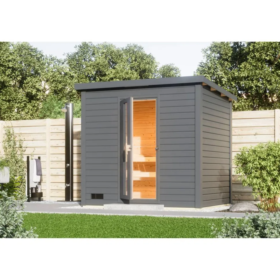 Saunahaus 'Bosco 3' terragrau 9 kW Ofen integrierte Steuerung 231 x 196 x 228 cm