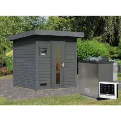 Saunahaus 'Bosco 2' terragrau 9 kW Bio-Ofen externe Steuerung 196 x 196 x 228 cm