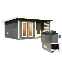 Saunahaus 'Francisco 5' B terragrau 9 kW Ofen externe Steuerung 509 x 369 x 253 cm