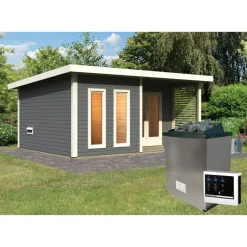 Saunahaus 'Francisco 5' B terragrau 9 kW Ofen externe Steuerung 509 x 369 x 253 cm