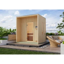 Saunahaus 'Orcadia' naturbelassen Ofen 9 kW Bio externe Steuerung 219,5 x 244 x 216,5 cm