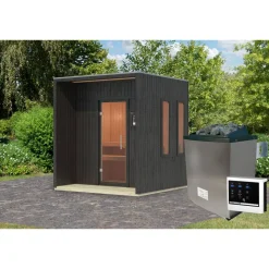 Saunahaus 'Orcadia' schwarz Ofen 9 kW externe Steuerung 219,5 x 244 x 216,5 cm