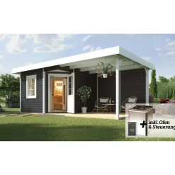 Saunahaus 'Salo 2' anthrazit mit Sauna Varberg 3 und 7,5 kW OS-Ofenset, Steuerung 601 x 298 x 237 cm