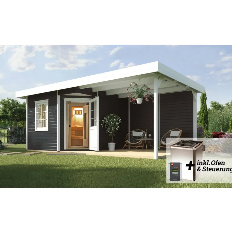 Saunahaus 'Salo 2' anthrazit mit Sauna Varberg 3 und 7,5 kW OS-Ofenset, Steuerung 601 x 298 x 237 cm