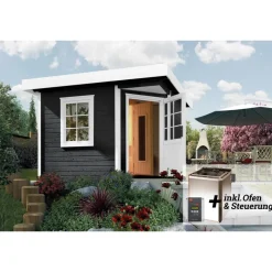 Saunahaus 'Salo 1' anthrazit mit Sauna Varberg 3 und 7,5 kW BioS-Ofenset, digitaler Steuerung 298 x 298 x 237 cm