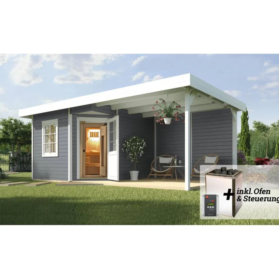 Saunahaus 'Salo 2' grau mit Sauna Varberg 3 und 7,5 kW OS-Ofenset, Steuerung 601 x 298 x 237 cm
