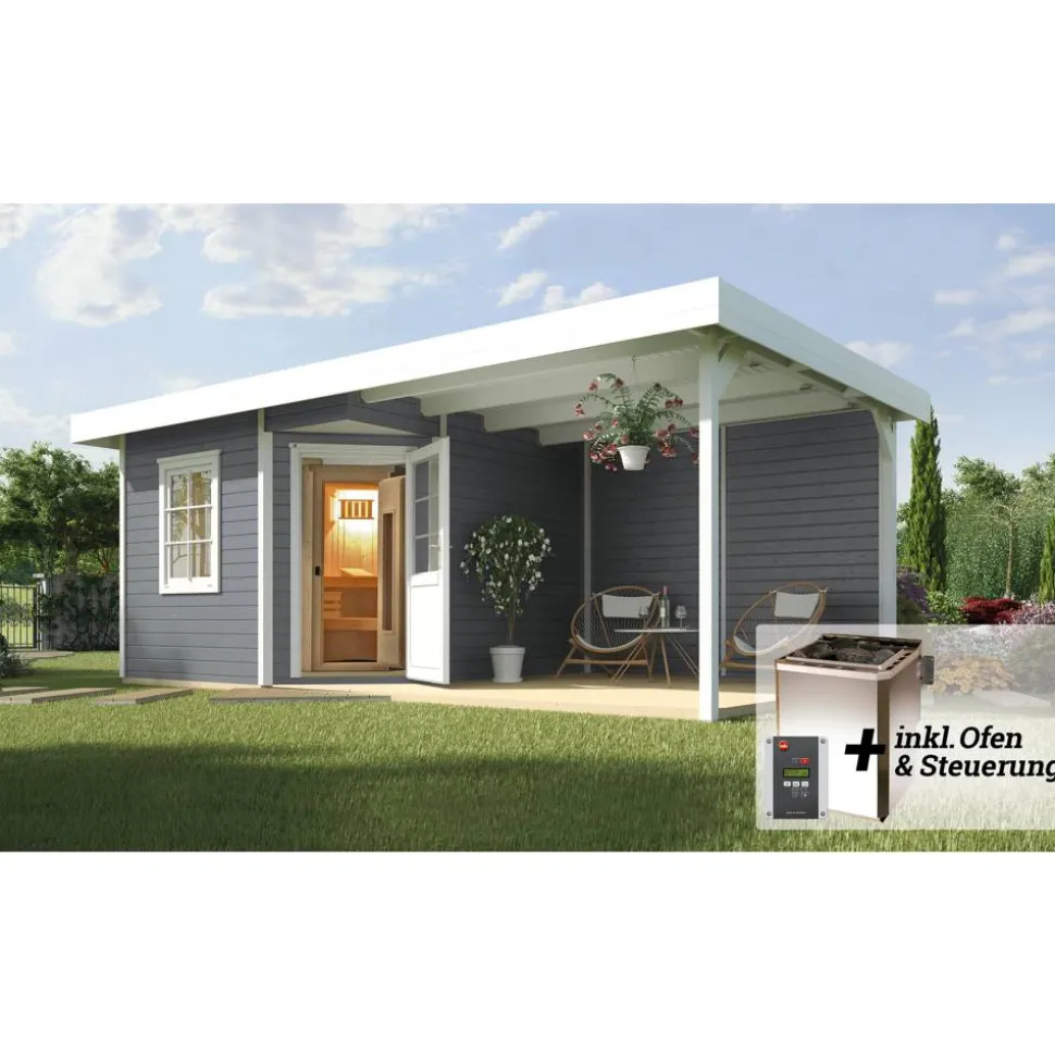 Saunahaus 'Salo 2' grau mit Sauna Varberg 3 und 7,5 kW BioS-Ofenset, Steuerung 601 x 298 x 237 cm