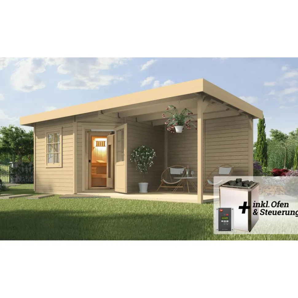 Saunahaus 'Salo 2' natur mit Sauna Varberg 3 und 7,5 kW BioS-Ofenset, Steuerung 601 x 298 x 237 cm