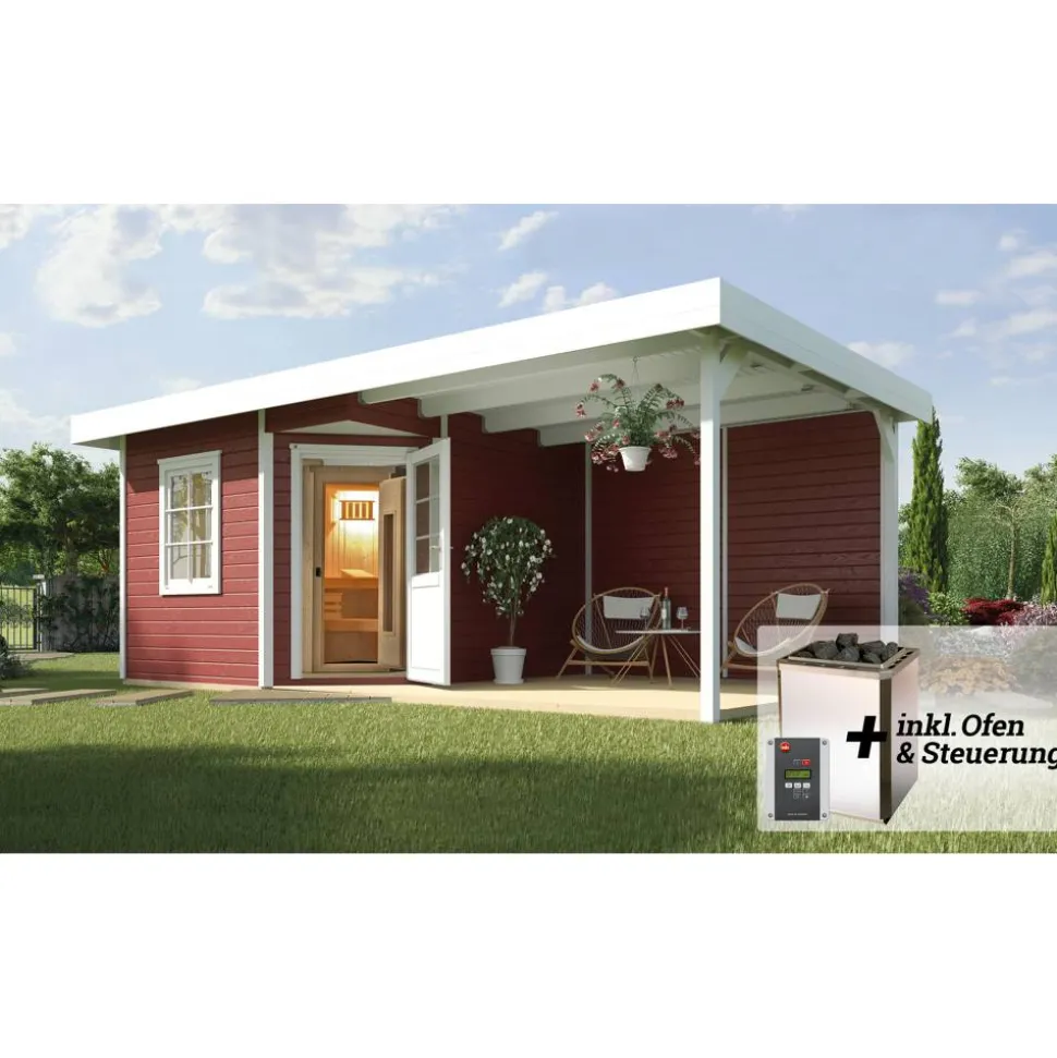 Saunahaus 'Salo 2' rot mit Sauna Varberg 3 und 7,5 kW BioS-Ofenset, Steuerung 601 x 298 x 237 cm