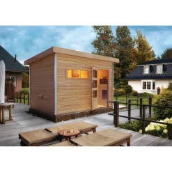 Saunahaus 'Skrollan 2' natur 9 kW Bio-Ofen, Steuerung Easy, Vorraum 336 x 231 x 227 cm