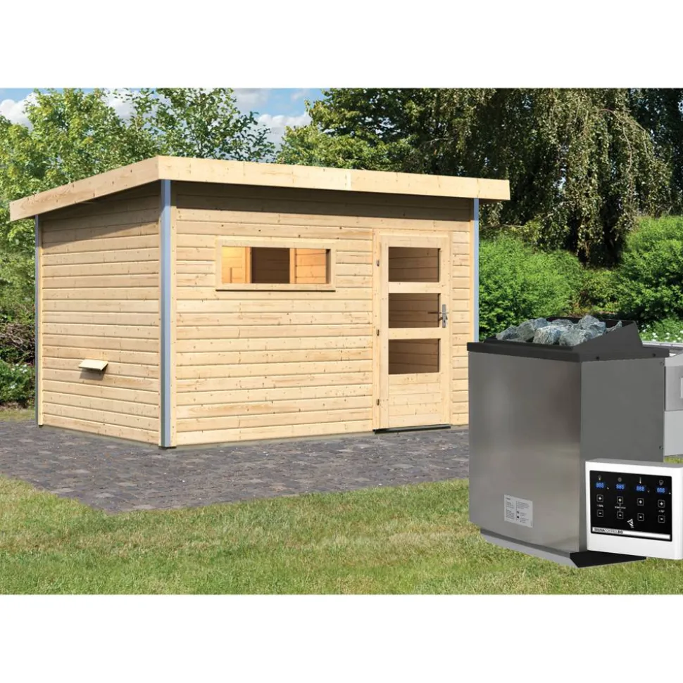 Saunahaus 'Skrollan 2' natur 9 kW Bio-Ofen, Steuerung Easy, Vorraum 336 x 231 x 227 cm