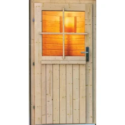 Saunahaus 'Skrollan 2' naturbelassen mit klassischer Tür 9 kW Ofen externe Steuerung 336 x 231 x 227 cm