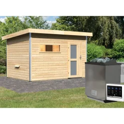 Saunahaus 'Skrollan 2' natur 9 kW Bio-Ofen, Steuerung Easy, Milchglastür, Vorraum 336 x 231 x 227 cm