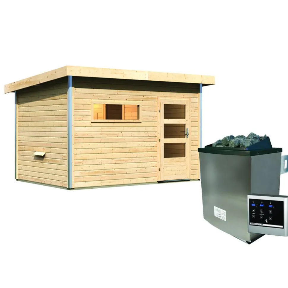 Saunahaus 'Skrollan 2' natur 9 kW Ofen, Steuerung Easy, Vorraum 336 x 231 x 227 cm