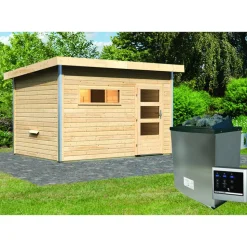 Saunahaus 'Skrollan 2' natur 9 kW Ofen, Steuerung Easy, Vorraum 336 x 231 x 227 cm