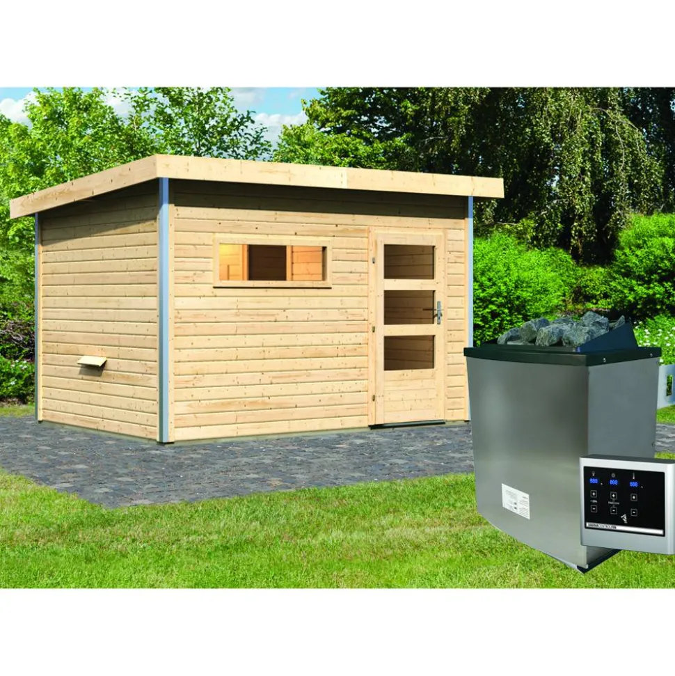 Saunahaus 'Skrollan 2' natur 9 kW Ofen, Steuerung Easy, Vorraum 336 x 231 x 227 cm
