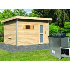 Saunahaus 'Skrollan 2' natur 9 kW Ofen, Steuerung Easy, Milchglastür, Vorraum 336 x 231 x 227 cm