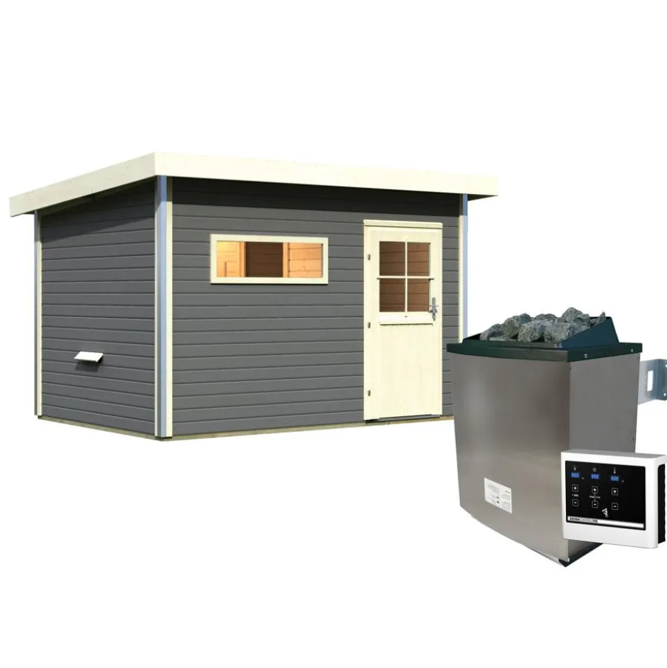 Saunahaus 'Skrollan 2' terragrau mit klassischer Tür 9 kW Ofen externe Steuerung 336 x 231 x 227 cm