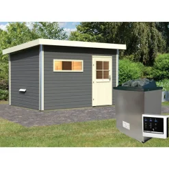 Saunahaus 'Skrollan 2' terragrau mit klassischer Tür 9 kW Ofen externe Steuerung 336 x 231 x 227 cm