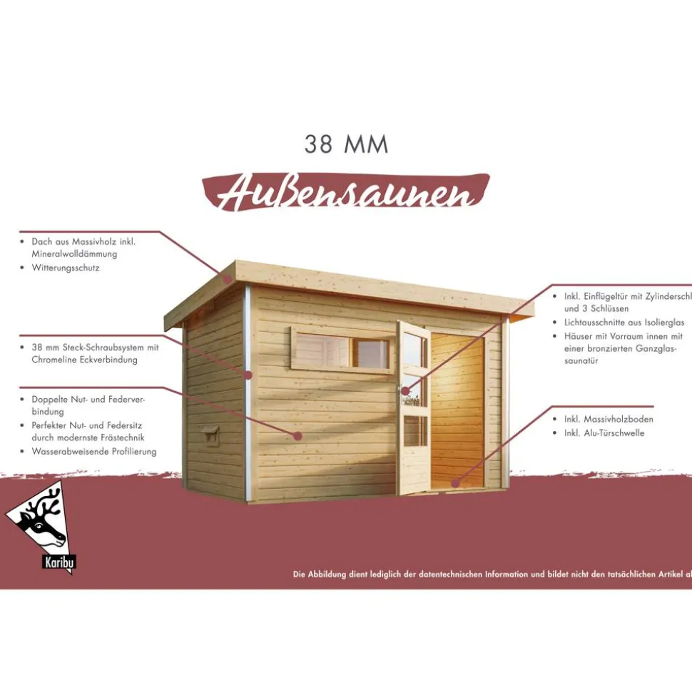 Saunahaus 'Skrollan 2' terragrau mit klassischer Tür 9 kW Ofen externe Steuerung 336 x 231 x 227 cm