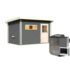 Saunahaus 'Skrollan 3' terragrau mit klassischer Tür 9 kW Bio-Ofen externe Steuerung 396 x 231 x 227 cm