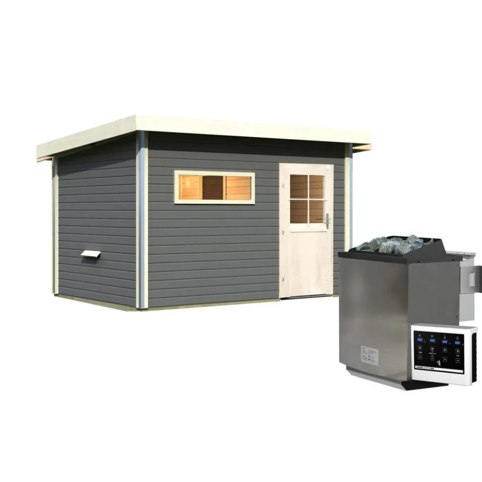 Saunahaus 'Skrollan 3' terragrau mit klassischer Tür 9 kW Bio-Ofen externe Steuerung 396 x 231 x 227 cm