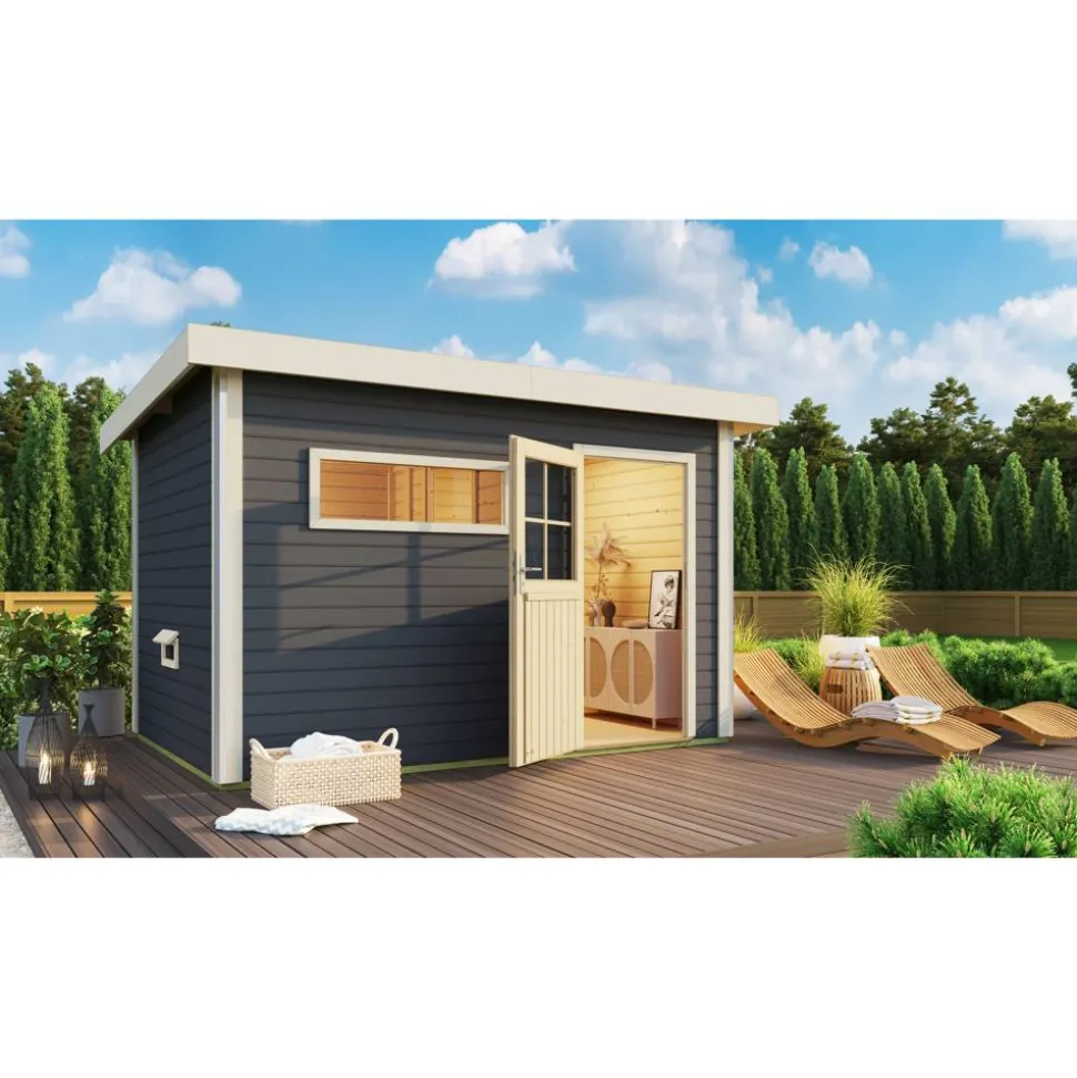 Saunahaus 'Skrollan 3' terragrau mit klassischer Tür 9 kW Ofen externe Steuerung 396 x 231 x 227 cm