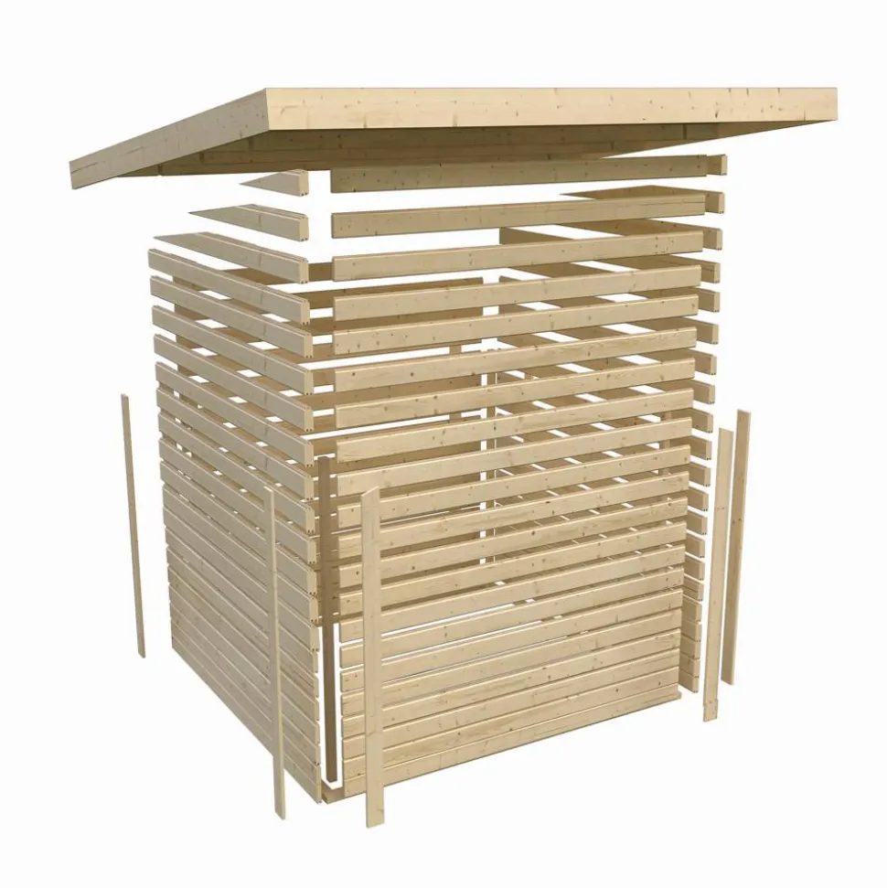 Saunahaus 'Skrollan 3' terragrau mit klassischer Tür 9 kW Ofen externe Steuerung 396 x 231 x 227 cm
