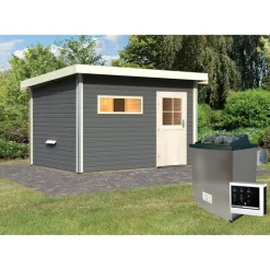 Saunahaus 'Skrollan 3' terragrau mit klassischer Tür 9 kW Ofen externe Steuerung 396 x 231 x 227 cm