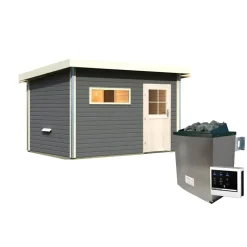 Saunahaus 'Skrollan 3' terragrau mit klassischer Tür 9 kW Ofen externe Steuerung 396 x 231 x 227 cm