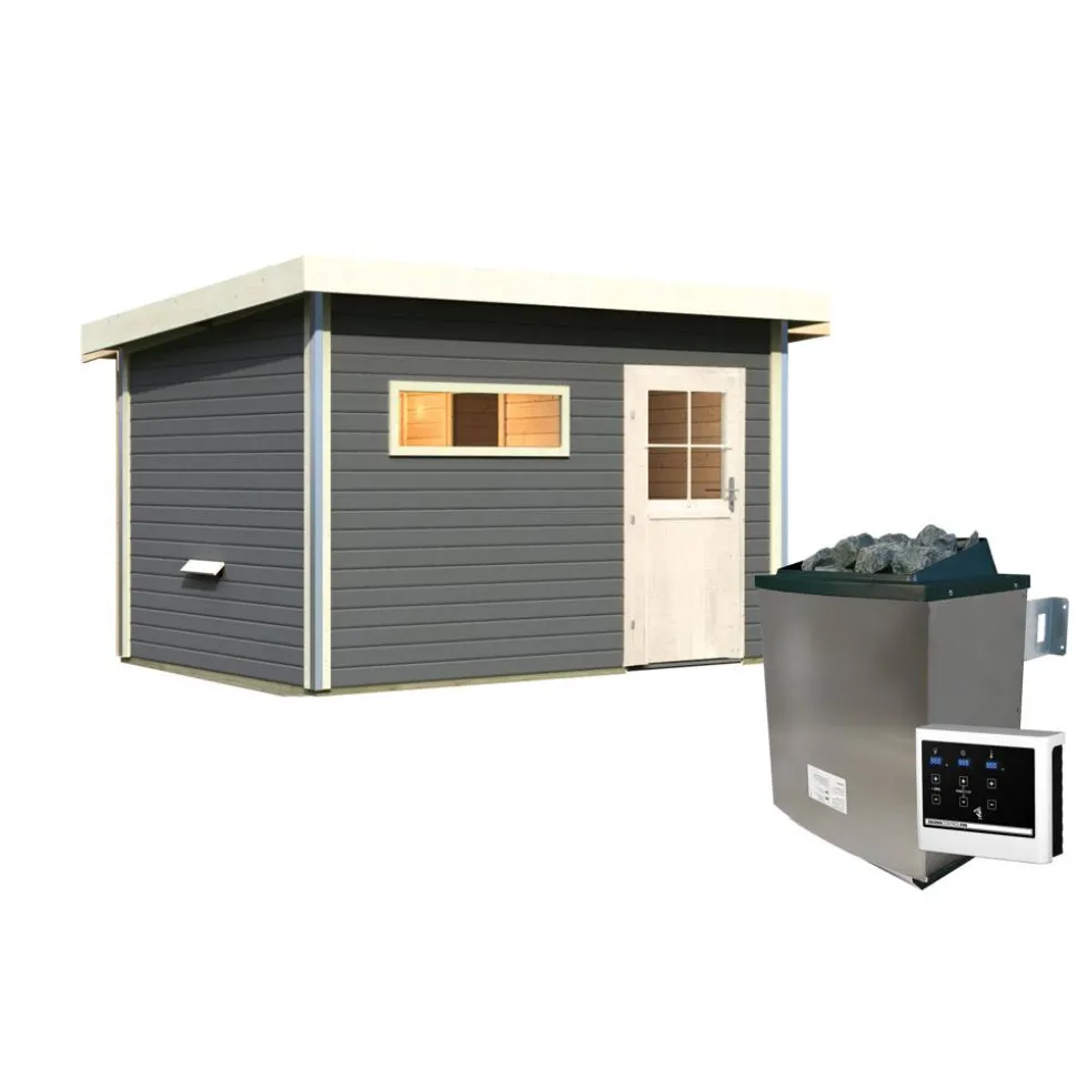 Saunahaus 'Skrollan 3' terragrau mit klassischer Tür 9 kW Ofen externe Steuerung 396 x 231 x 227 cm