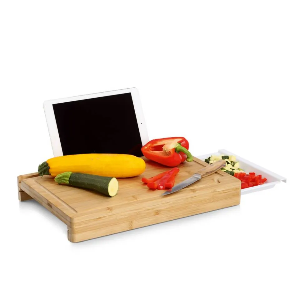 Schneidebrett mit Tablett & Tablet-Halter Bambus/Kunststoff 40 x 5,2 x 26,5 cm