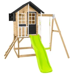 Spielhaus 'Holli 2' naturfarben/schwarz mit Rutsche und Schaukel 352 x 280 x 224 cm