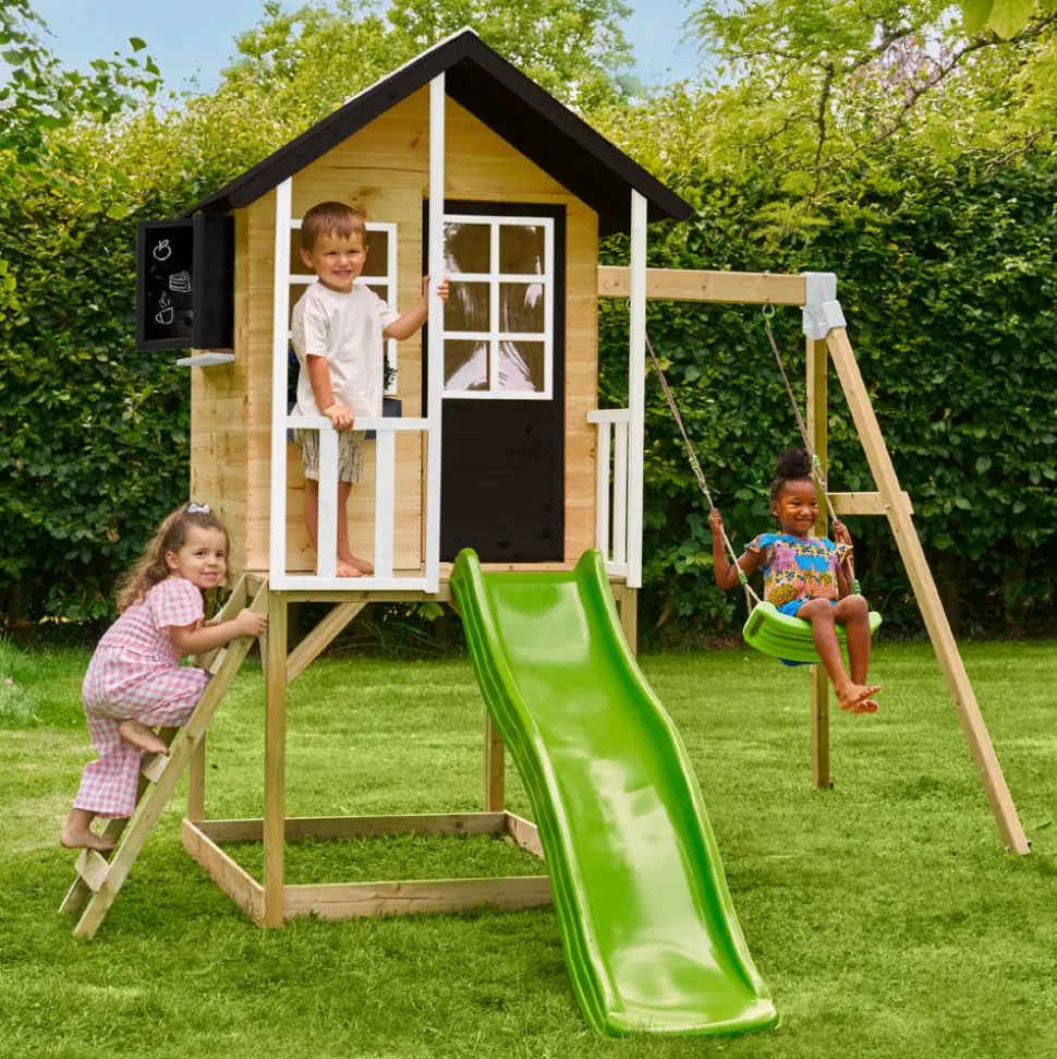 Spielhaus 'Holli 2' naturfarben/schwarz mit Rutsche und Schaukel 352 x 280 x 224 cm